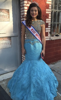 Style Custom Couture  Sherri Hill Size 6 Prom Cap Sleeve Sequined Turquoise Multicolor Mermaid Dress on Queenly