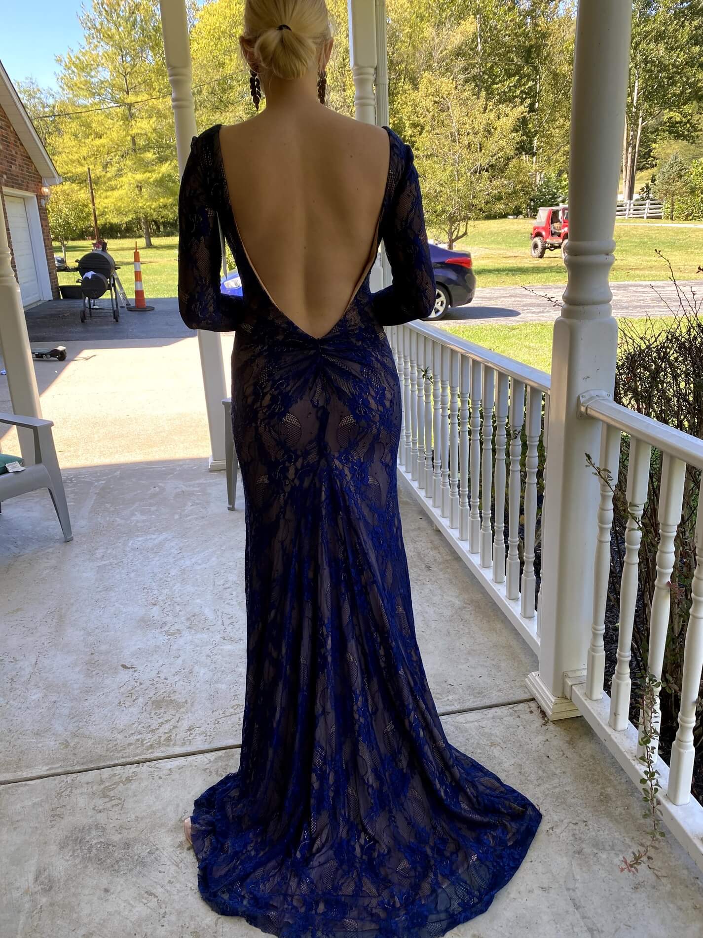 Size 4 Prom Long Sleeve Lace Blue Floor Length Maxi on Queenly