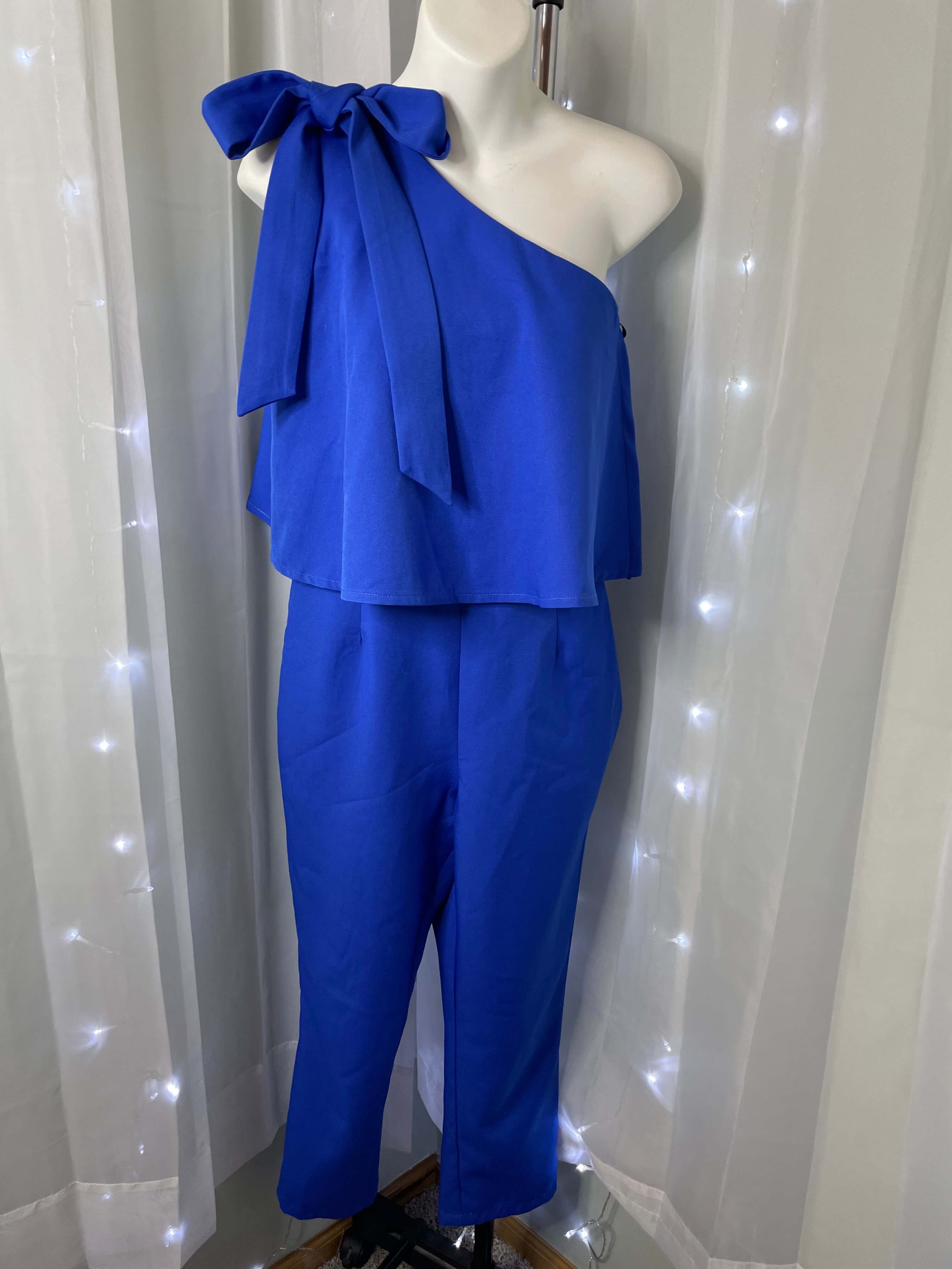 Size 6 Pageant Interview One Shoulder Blue Formal Jumpsuit on Queenly