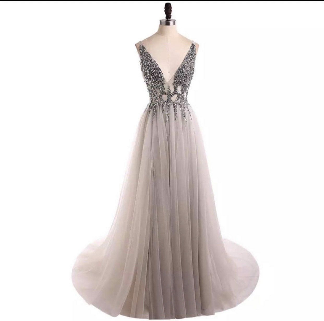 Size 2 Prom Sheer Silver Ball Gown on Queenly