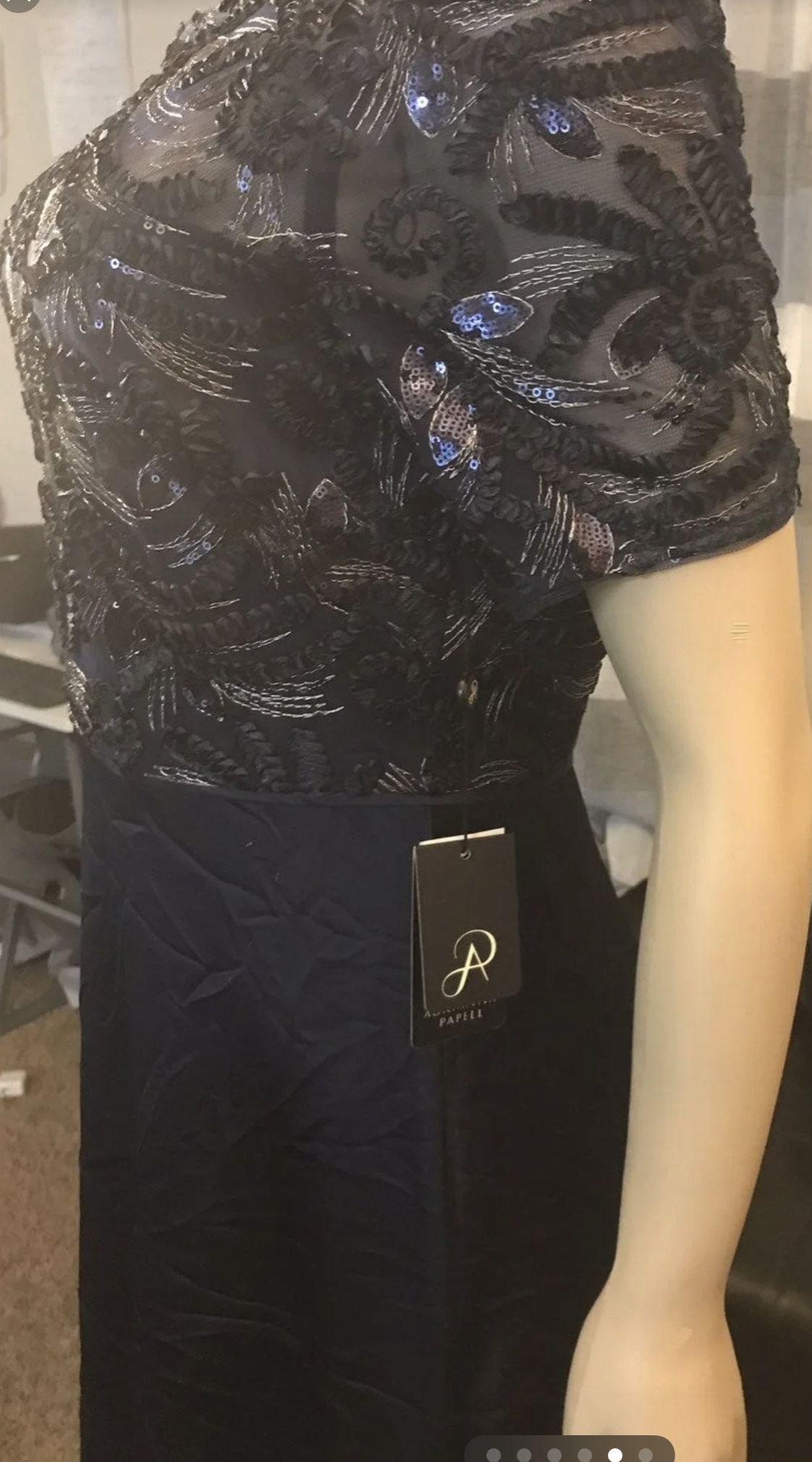 Adrianna Papell Soutache Gown Size 6 Size 6 Wedding Guest Cap Sleeve Sequined Navy Blue Mermaid Dress on Queenly