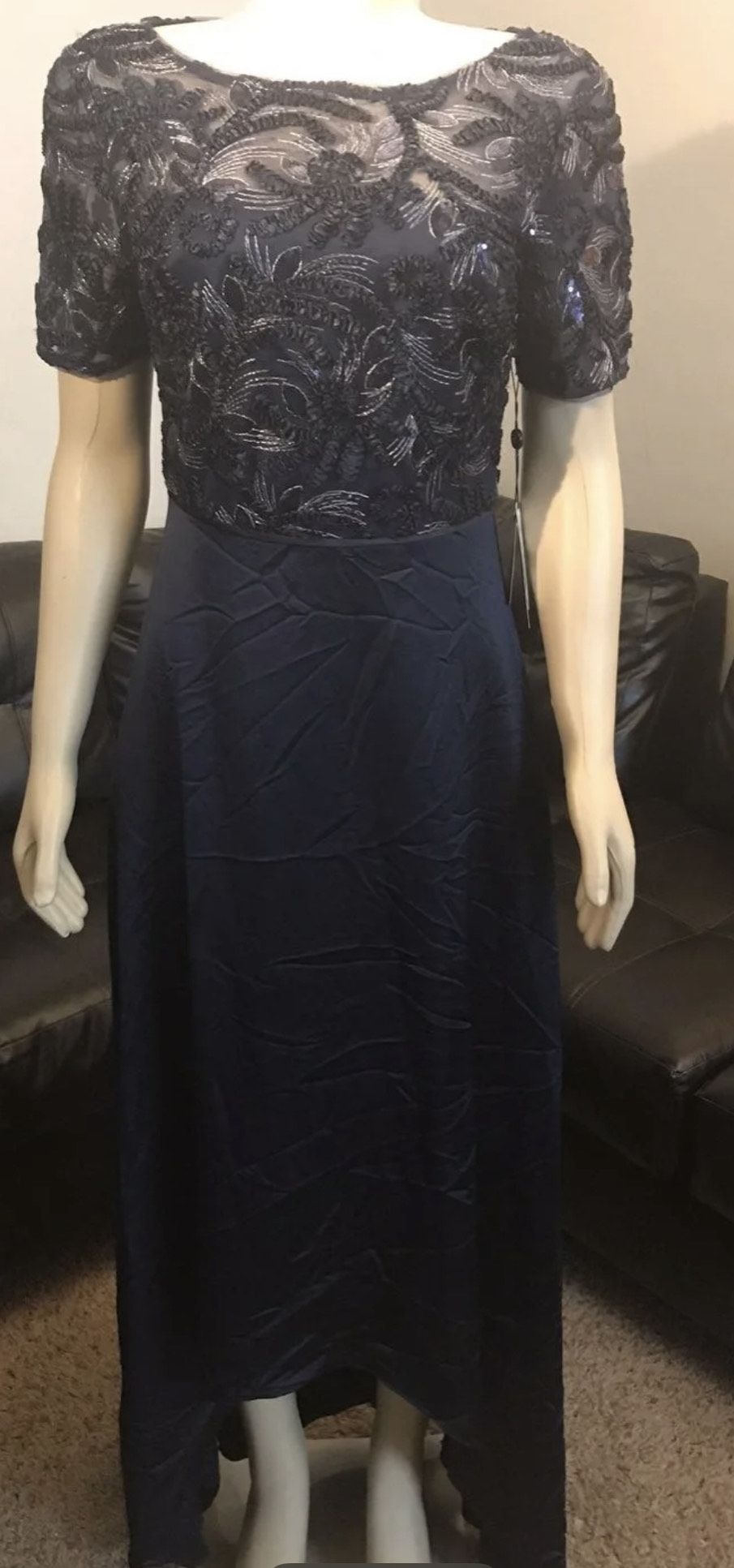 Adrianna Papell Soutache Gown Size 6 Size 6 Wedding Guest Cap Sleeve Sequined Navy Blue Mermaid Dress on Queenly