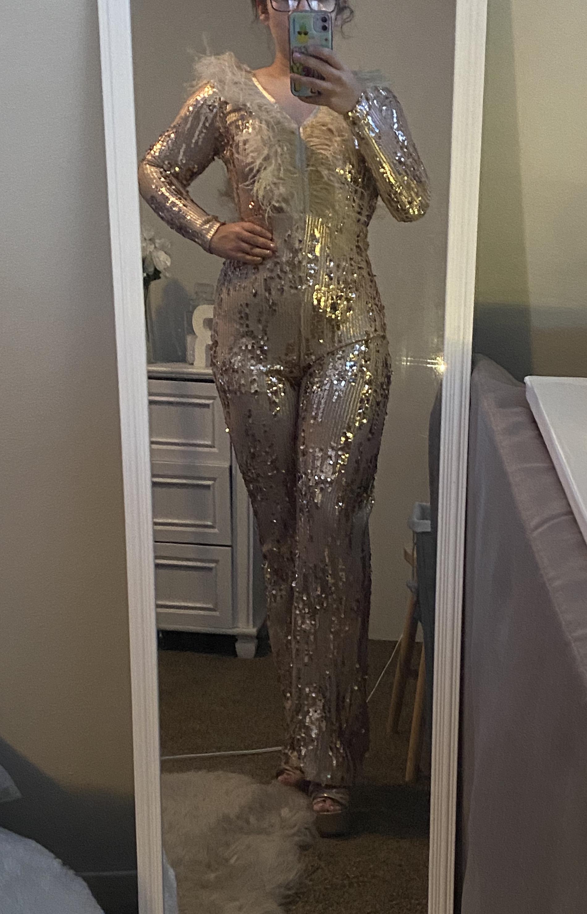 Size 4 Pageant Long Sleeve Gold Formal Jumpsuit on Queenly