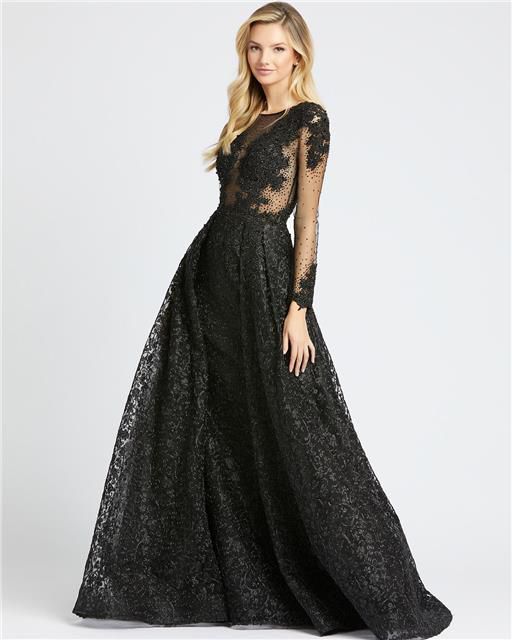 Style 20100 Mac Duggal Size 14 Prom Long Sleeve Lace Black Ball Gown on Queenly