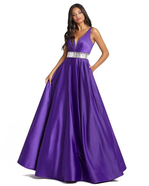 Style 48879 Mac Duggal Size 8 Prom Plunge Satin Purple Ball Gown on Queenly