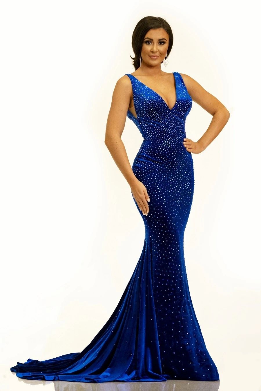 Style 2308 Johnathan Kayne Size 8 Prom Plunge Sheer Royal Blue Mermaid Dress on Queenly