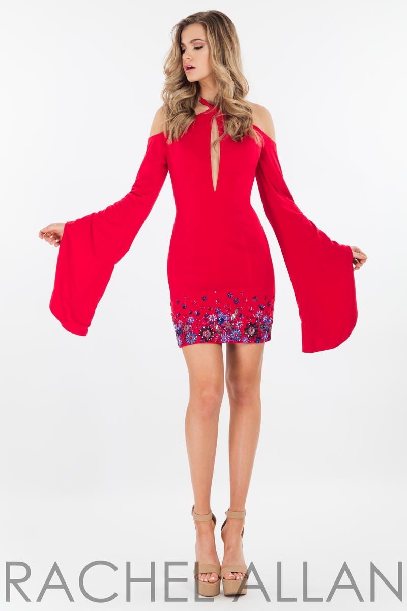 Style 4464 Rachel Allan Size 4 Prom Long Sleeve Red Cocktail Dress on Queenly