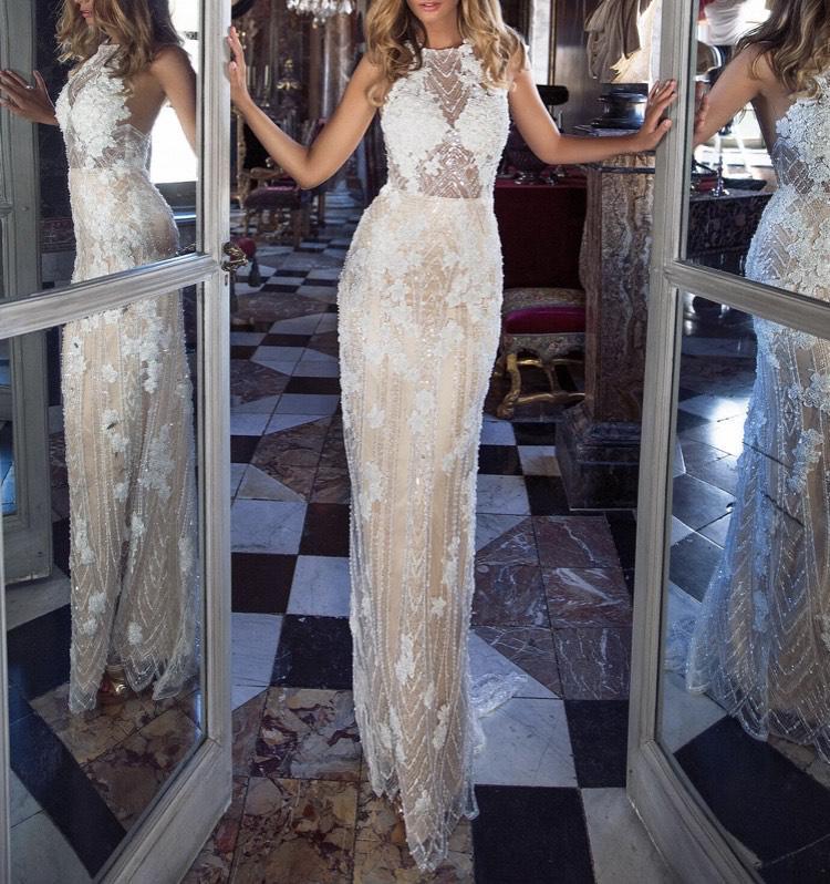 Milla Nova Ramiata Size 6 Wedding Halter Lace Nude Dress With Train on Queenly