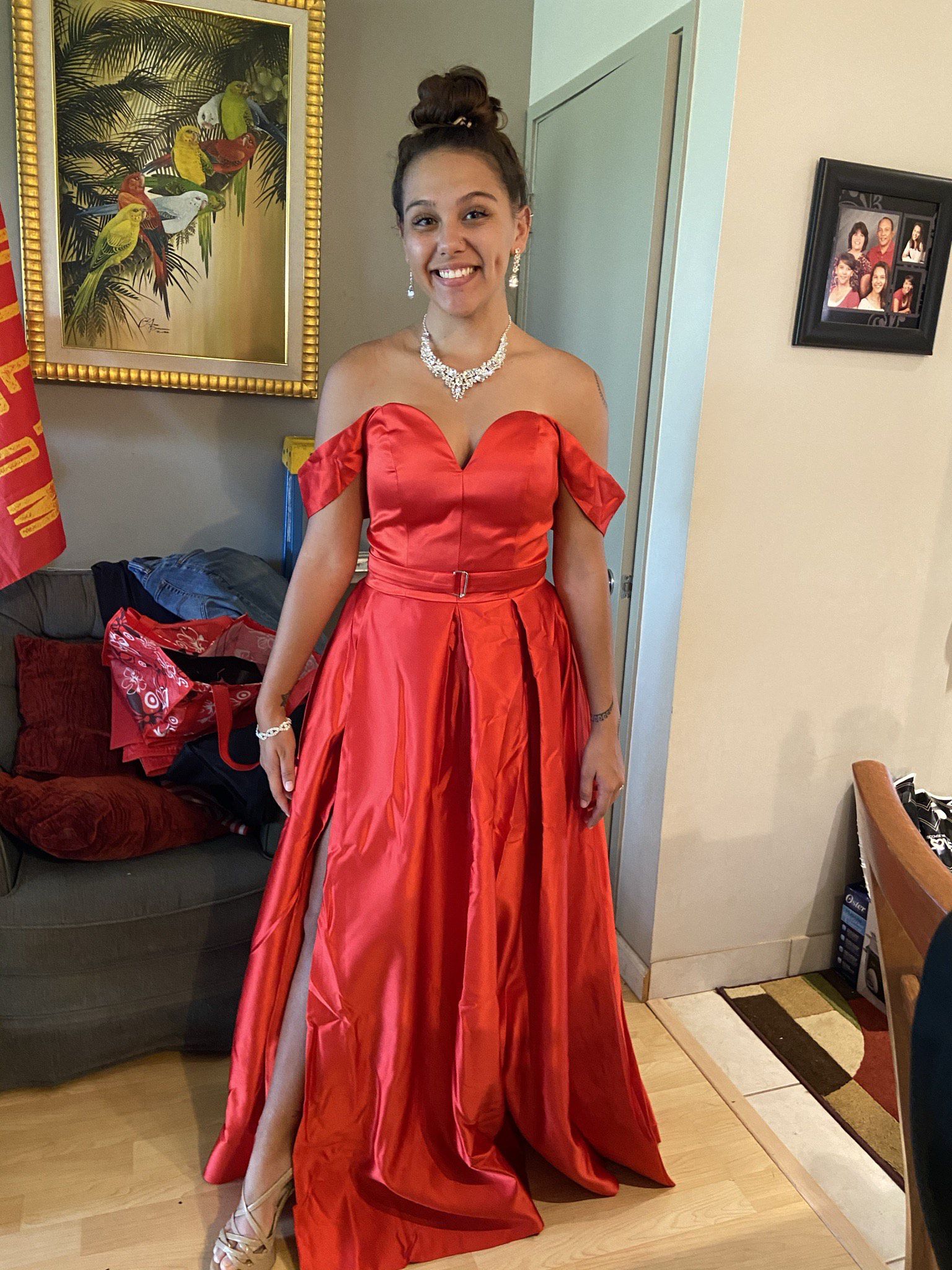 Size 4 Prom Off The Shoulder Satin Red Ball Gown on Queenly