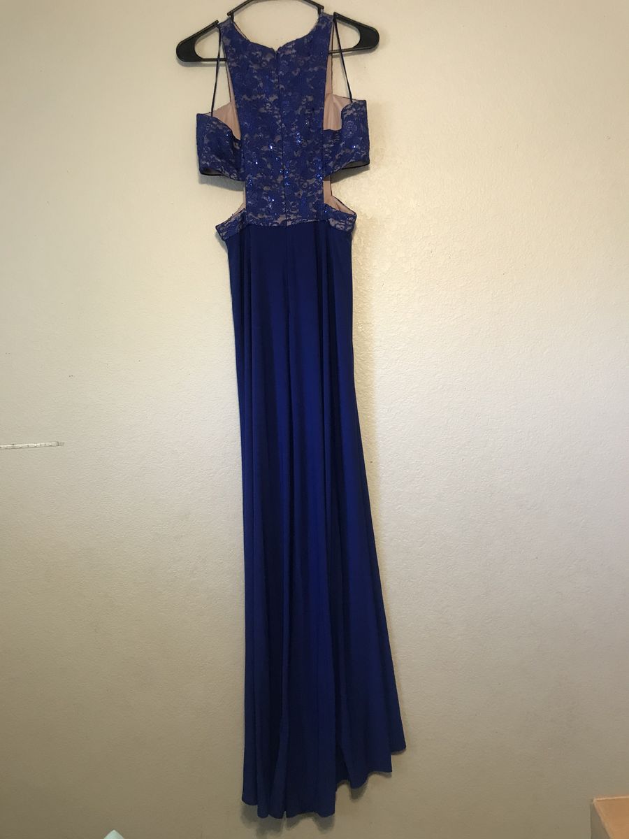 Morgan and Co Size 6 Prom High Neck Lace Navy Blue Side Slit Dress on Queenly