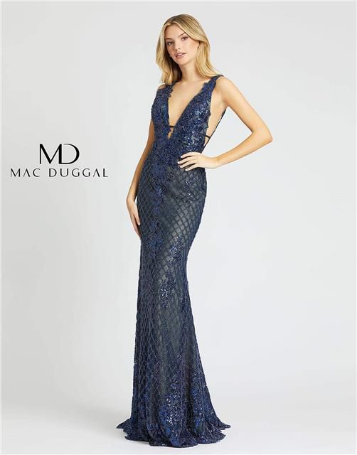 Style 26258 Mac Duggal Size 8 Prom Plunge Navy Blue Mermaid Dress on Queenly