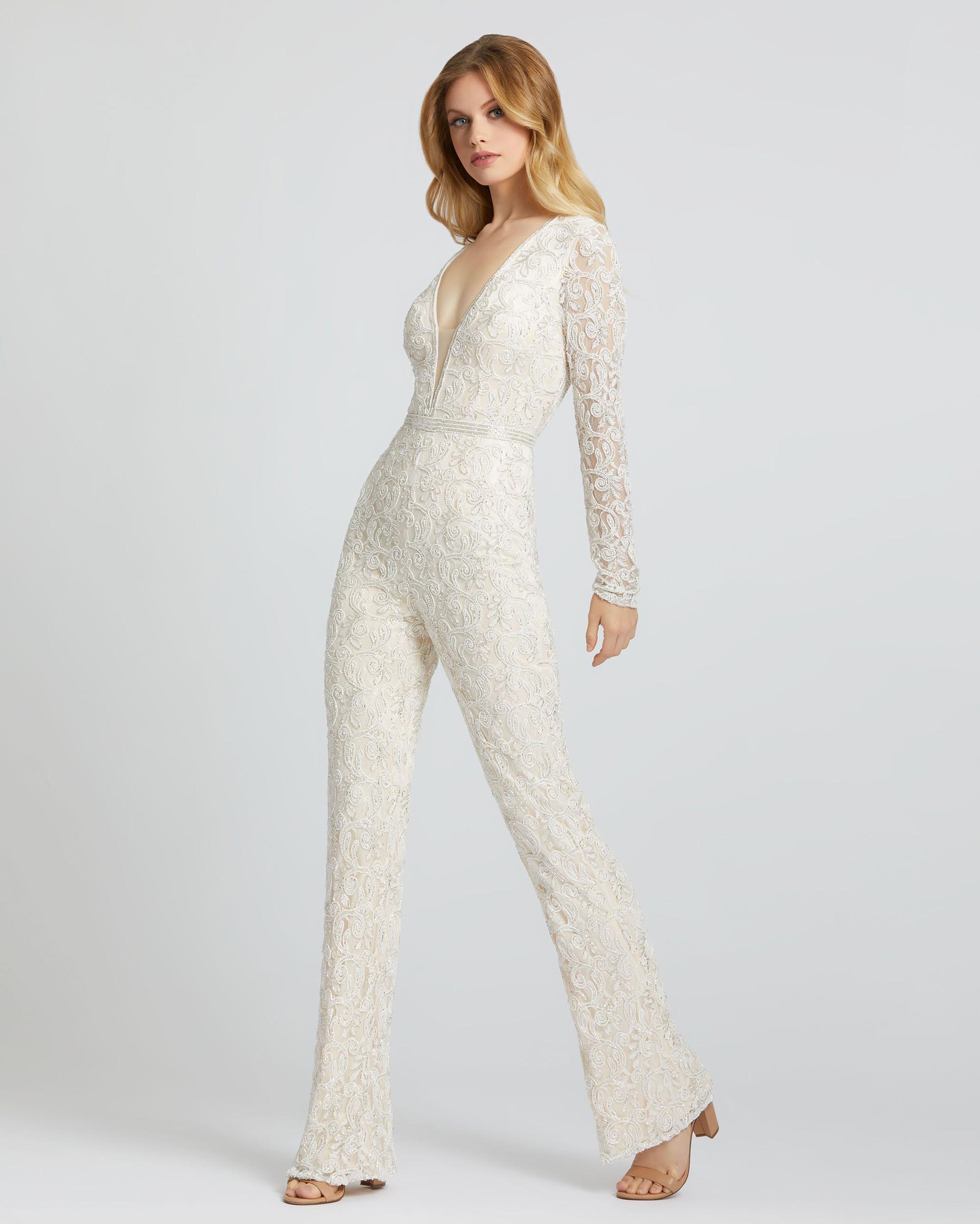 Style 5120 Mac Duggal Size 2 Pageant Long Sleeve Lace White Formal Jumpsuit on Queenly