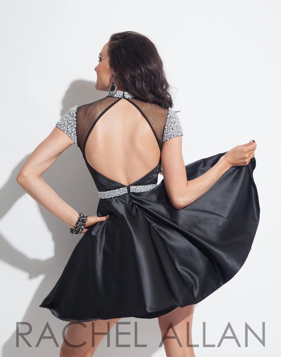 Style 4049RA Rachel Allan Size 6 Homecoming Cap Sleeve Satin Black Cocktail Dress on Queenly