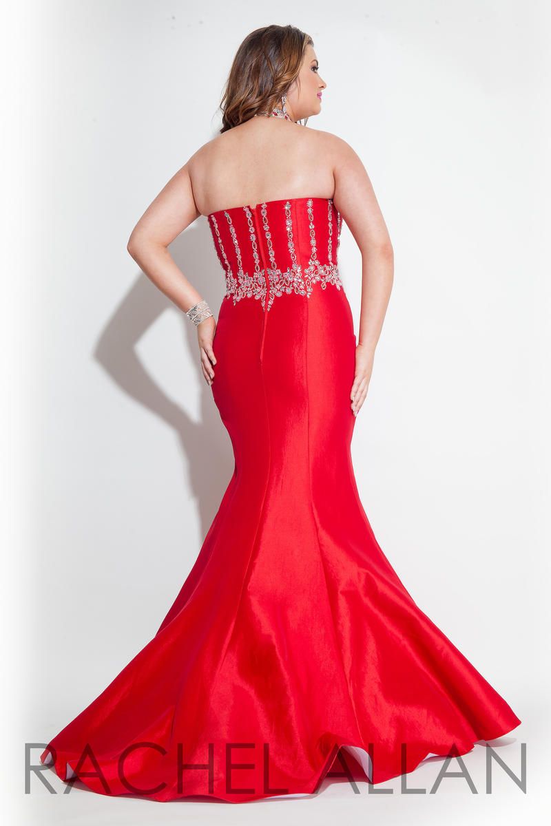 Style 7430 Rachel Allan Size 14 Prom Halter Satin Red Mermaid Dress on Queenly