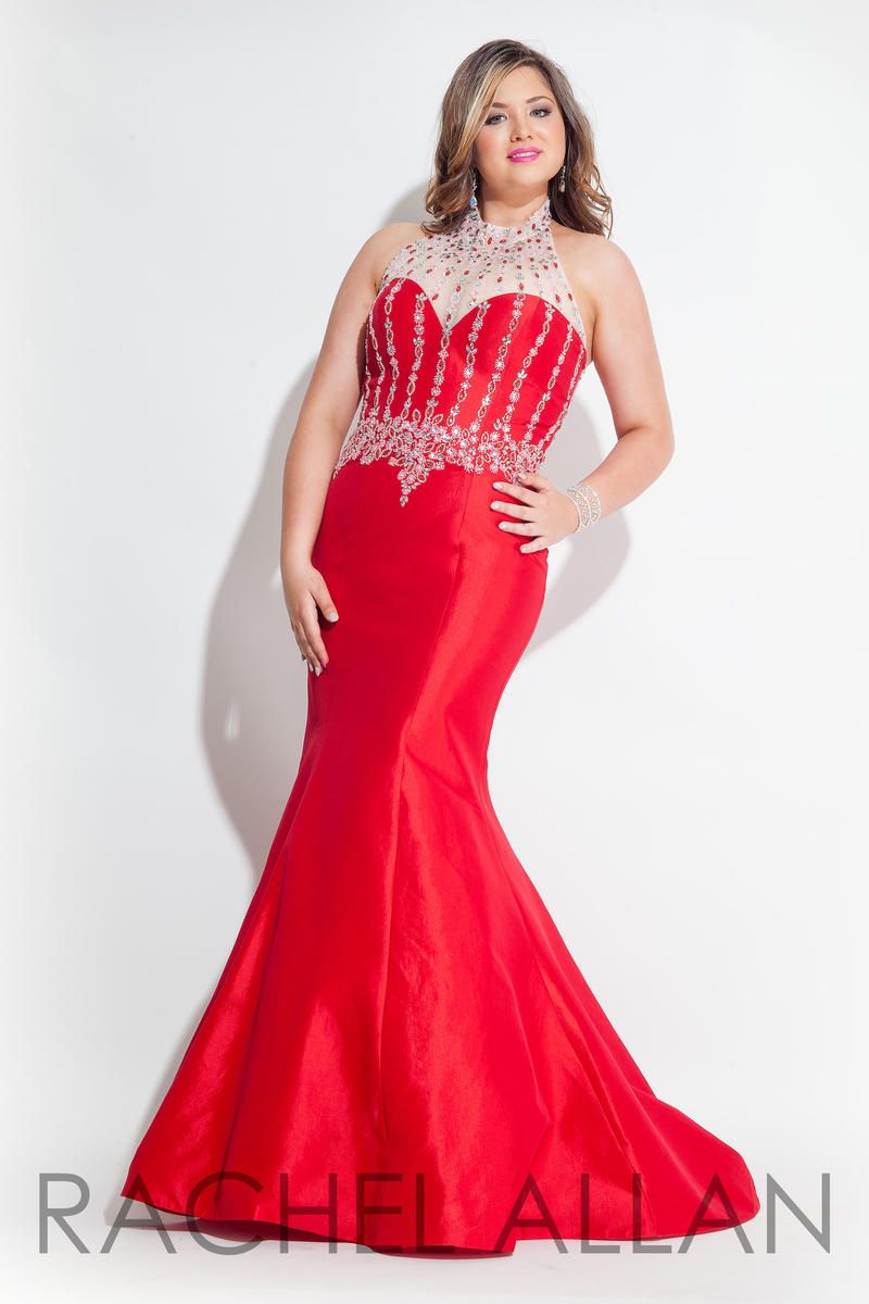 Style 7430 Rachel Allan Size 14 Prom Halter Satin Red Mermaid Dress on Queenly