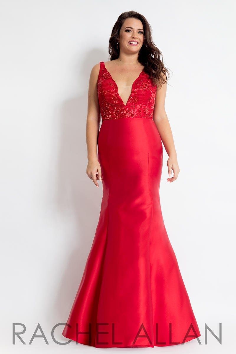 Style 6310 Rachel Allan Plus Size 16 Prom Plunge Satin Red Mermaid Dress on Queenly