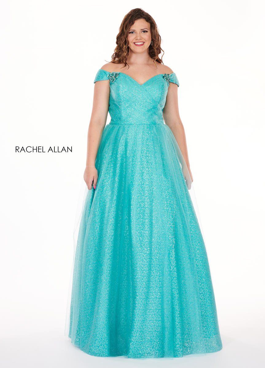 Style 6663 Rachel Allan Size 14 Prom Off The Shoulder Sequined Turquoise Blue A-line Dress on Queenly