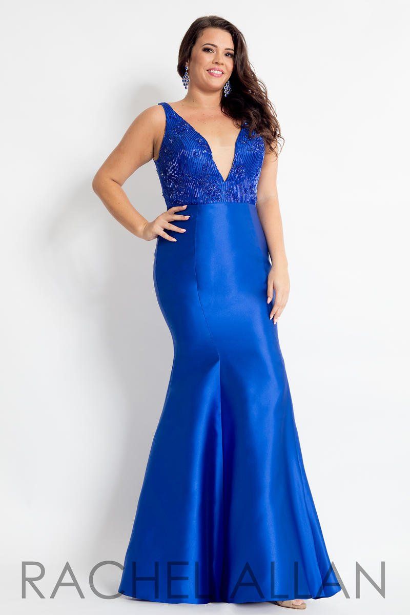 Style 6310 Rachel Allan Plus Size 20 Prom Plunge Satin Royal Blue Mermaid Dress on Queenly