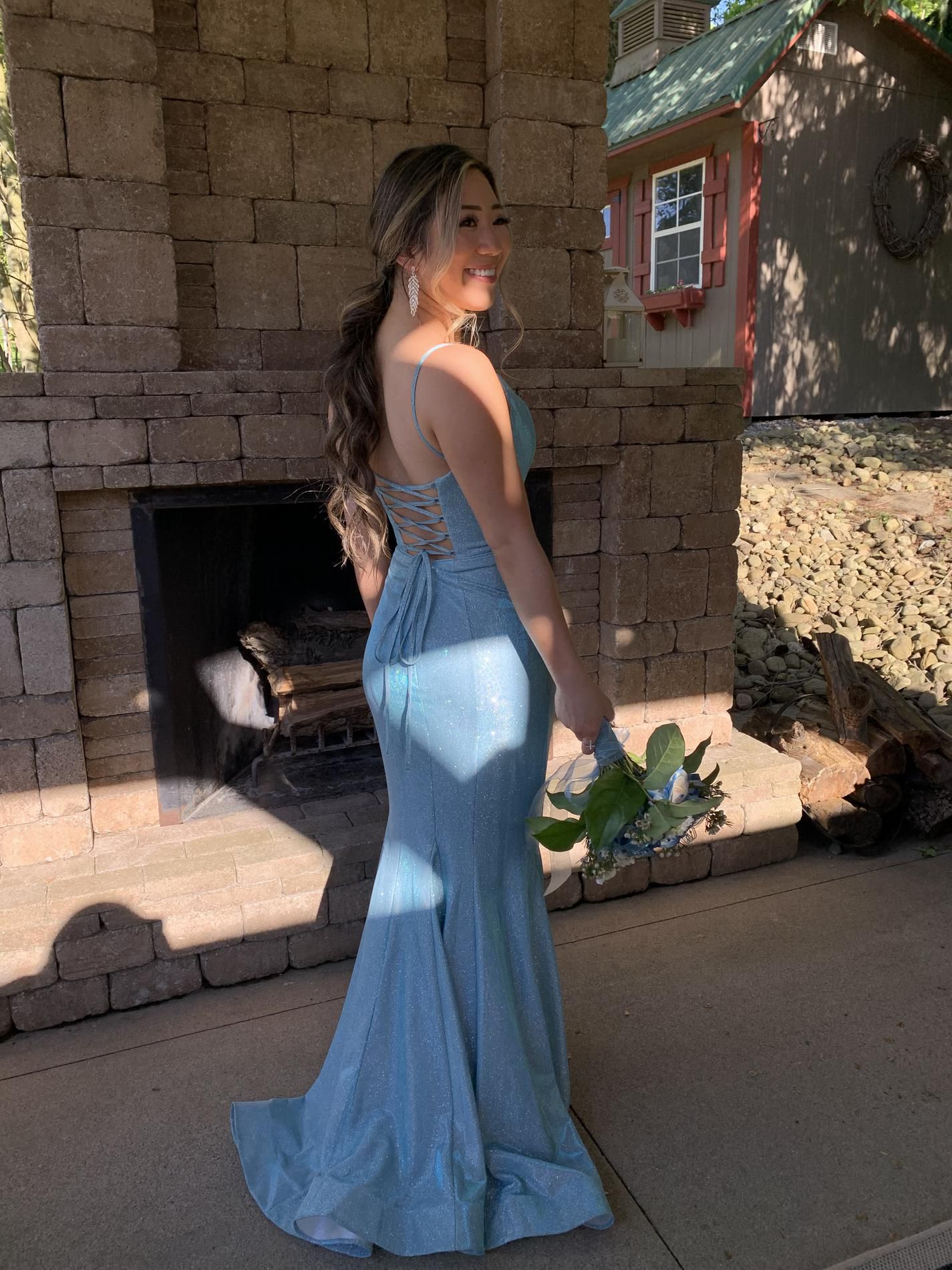 Ellie Wilde Size 0 Prom Plunge Sheer Light Blue Mermaid Dress on Queenly
