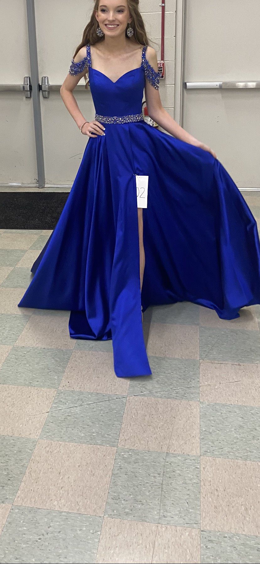Sherri Hill Girls Size 8 Pageant Off The Shoulder Sequined Royal Blue Ball Gown on Queenly
