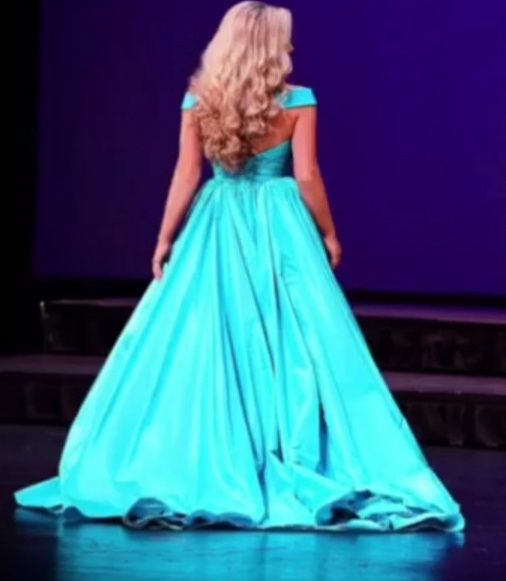 Sherri Hill Size 6 Prom Off The Shoulder Satin Turquoise Blue Ball Gown on Queenly