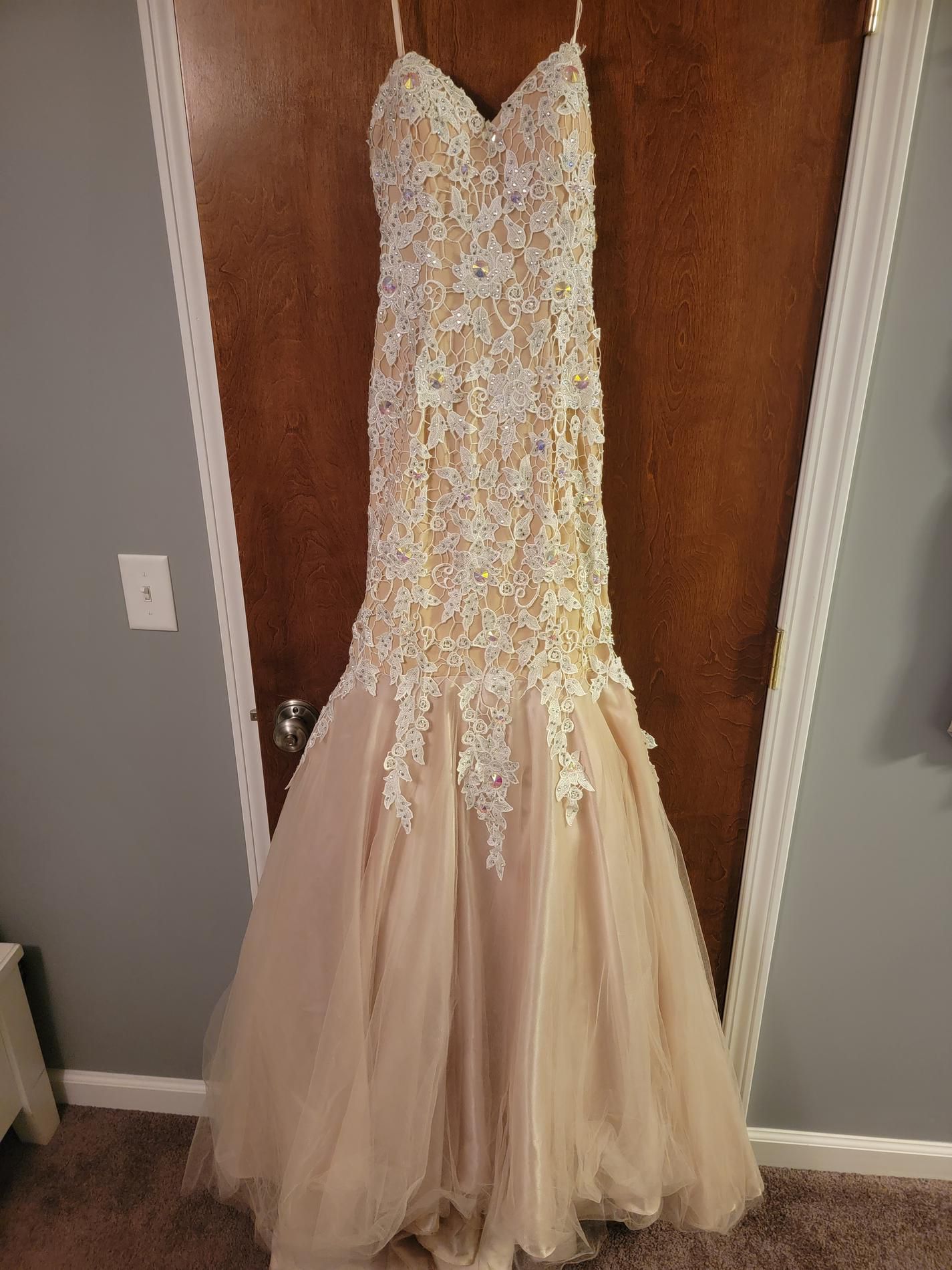 Vienna Size 2 Prom Strapless Lace Nude Mermaid Dress on Queenly