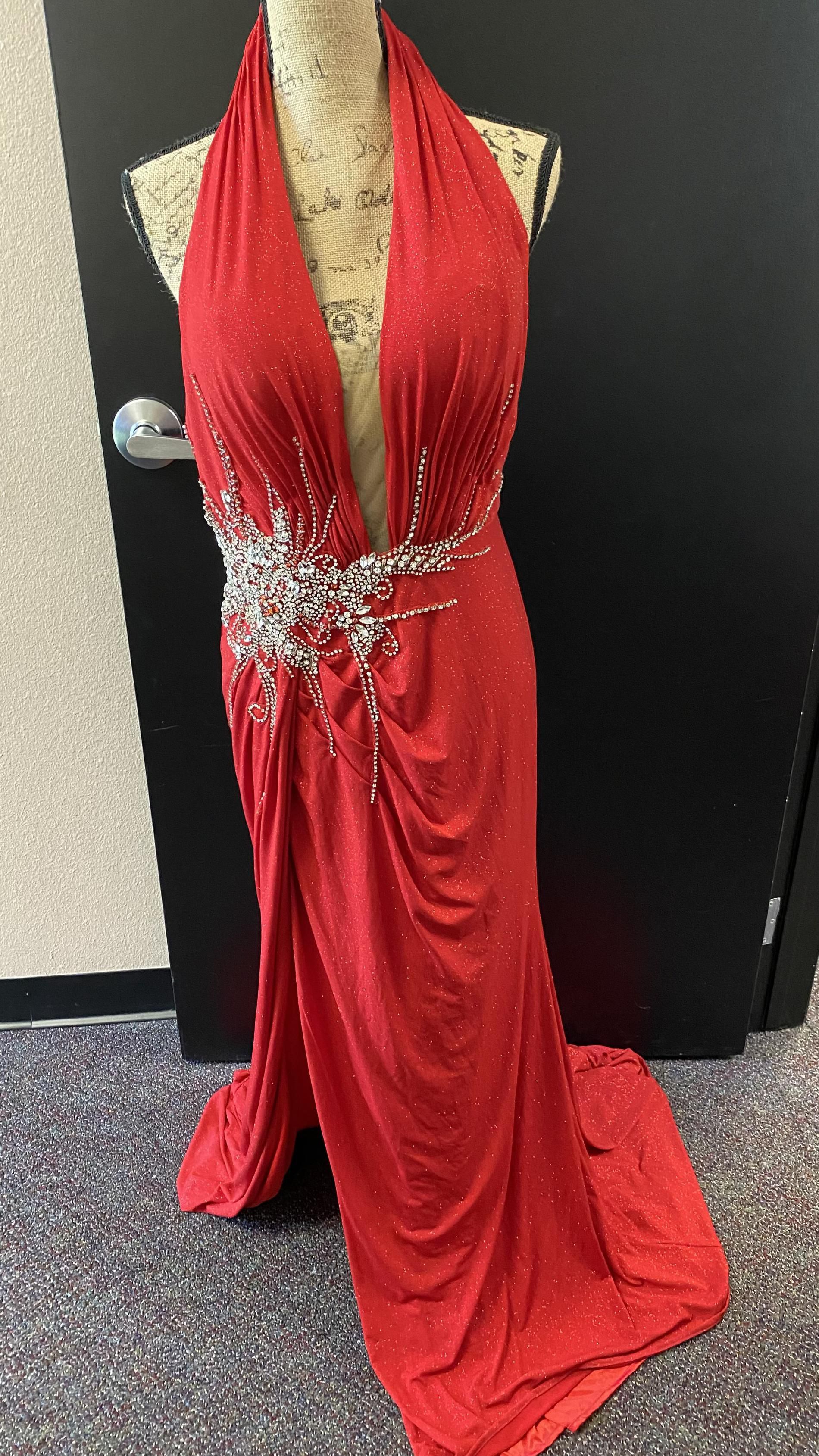 Vienna Size 10 Prom Plunge Sequined Red Side Slit Dress on Queenly