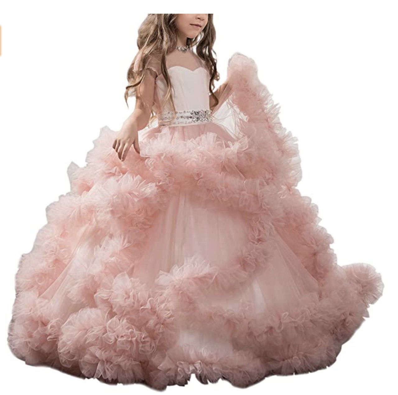 Girls Size 12 Pageant Strapless Sequined Light Pink Ball Gown on Queenly