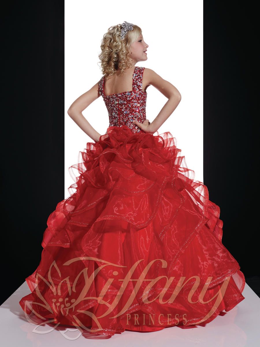 Style 13364 Tiffany Designs Girls Size 2 Sequined Red Ball Gown on Queenly