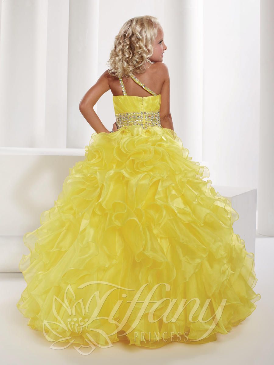 Style 13329 Tiffany Designs Girls Size 12 One Shoulder Yellow Ball Gown on Queenly