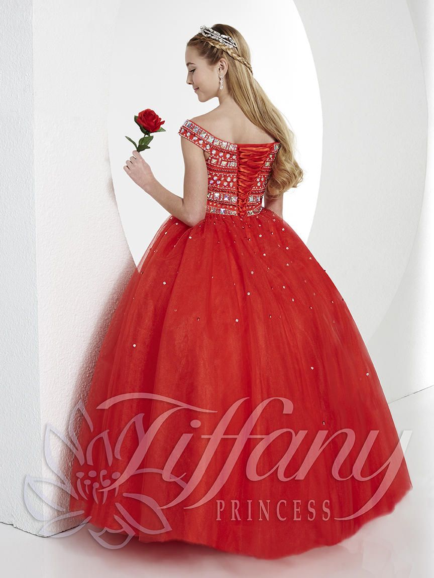 Style 13436 Tiffany Designs Girls Size 12 Off The Shoulder Red Ball Gown on Queenly