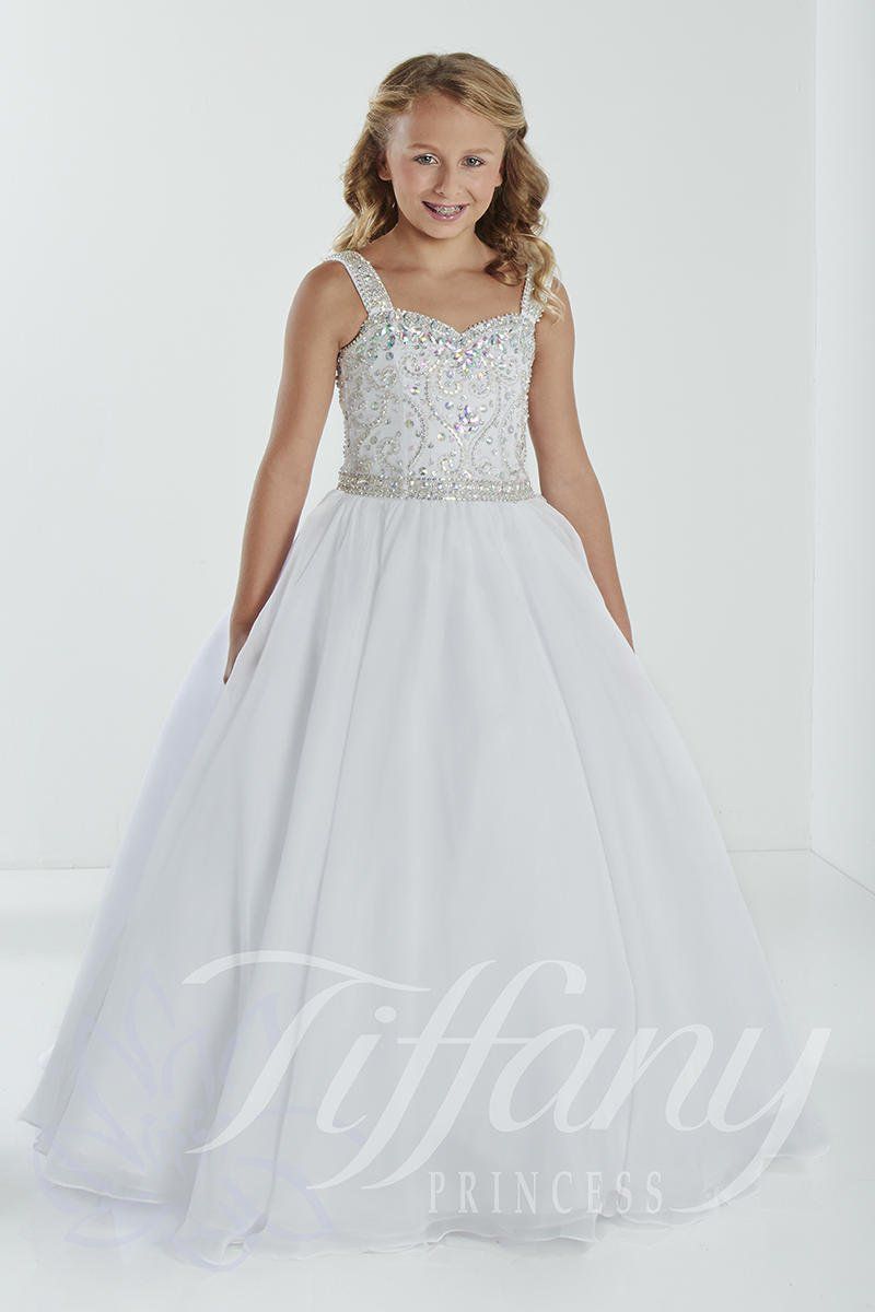 Style 13418 Tiffany Designs Girls Size 6 Sequined White Ball Gown on Queenly