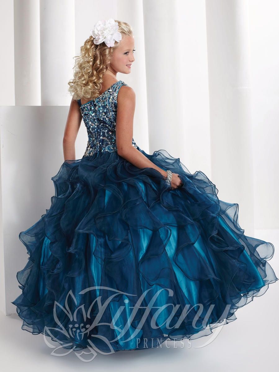 Style 13332 Tiffany Designs Girls Size 6 One Shoulder Sequined Royal Blue Ball Gown on Queenly