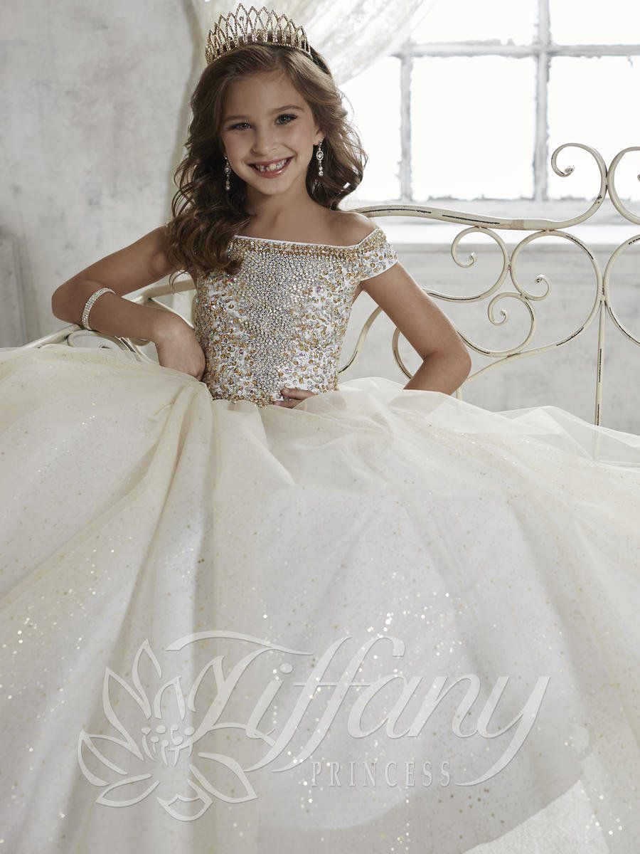 Style 13457 Tiffany Designs Girls Size 12 Off The Shoulder Lace White Ball Gown on Queenly