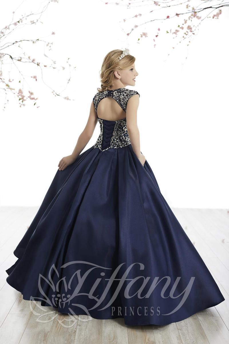 Style 13502 Tiffany Designs Girls Size 14 Cap Sleeve Navy Blue Ball Gown on Queenly