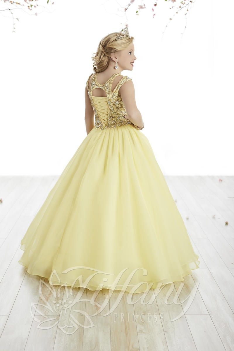 Style 13500 Tiffany Designs Girls Size 4 Cap Sleeve Sequined Yellow Ball Gown on Queenly