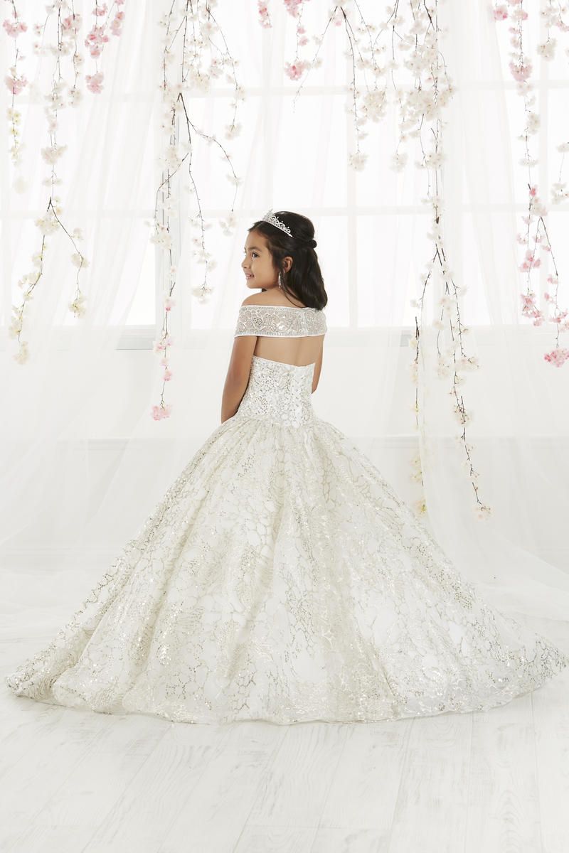 Style 13550 Tiffany Designs Girls Size 4 Off The Shoulder Sequined Silver Ball Gown on Queenly