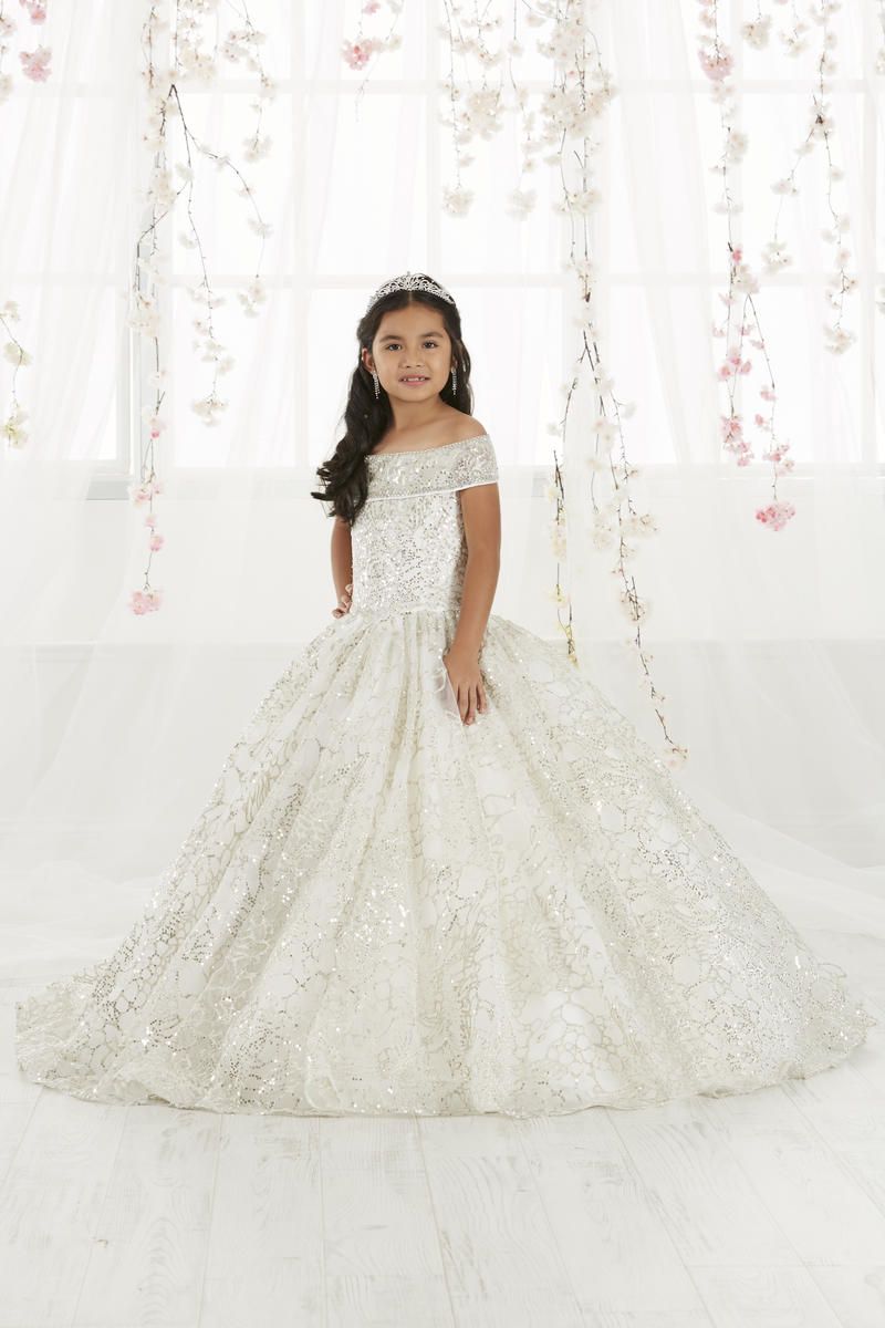 Style 13550 Tiffany Designs Girls Size 4 Off The Shoulder Sequined Silver Ball Gown on Queenly
