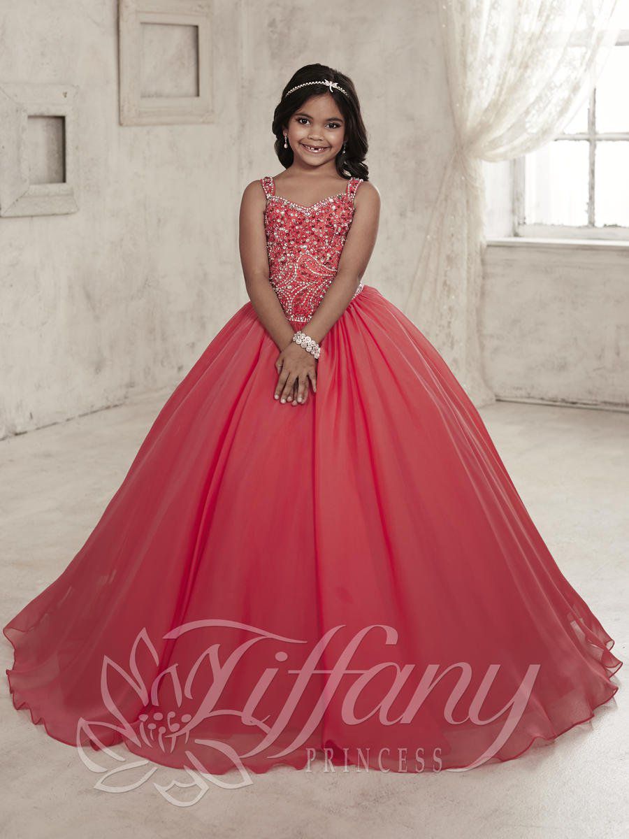 Style 13453 Tiffany Designs Girls Size 10 Lace Red Ball Gown on Queenly