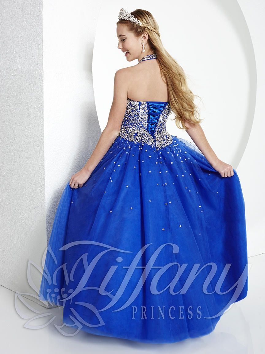 Style 13434 Tiffany Designs Girls Size 16 Halter Sequined Royal Blue Ball Gown on Queenly
