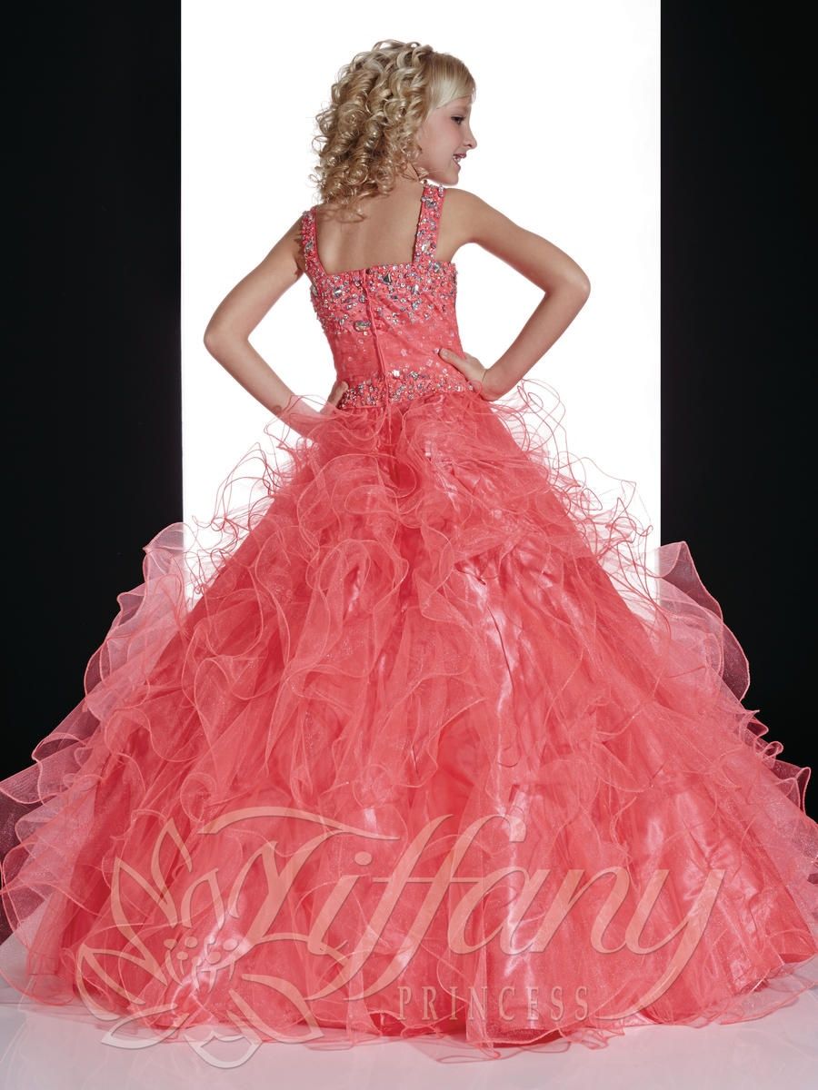 Style 13361 Tiffany Designs Girls Size 8 Sequined Coral Ball Gown on Queenly