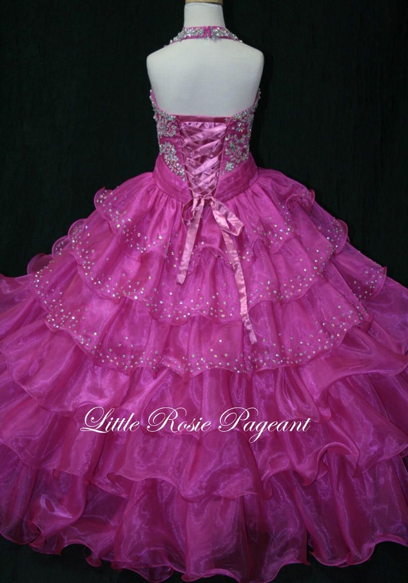 Style LR2023 Little Rosie Girls Size 10 Pageant Halter Sequined Hot Pink Ball Gown on Queenly