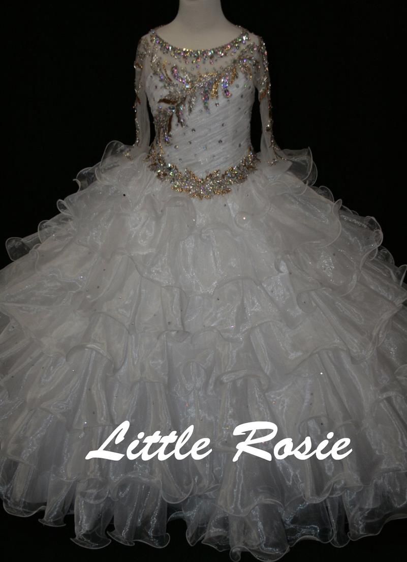 Style LR2136 Little Rosie Girls Size 10 Pageant Long Sleeve Sequined White Ball Gown on Queenly