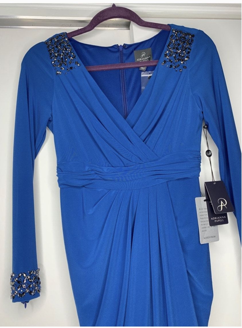 Adrianna Papell Size 4 Wedding Guest Sequined Royal Blue Cocktail Dress on Queenly