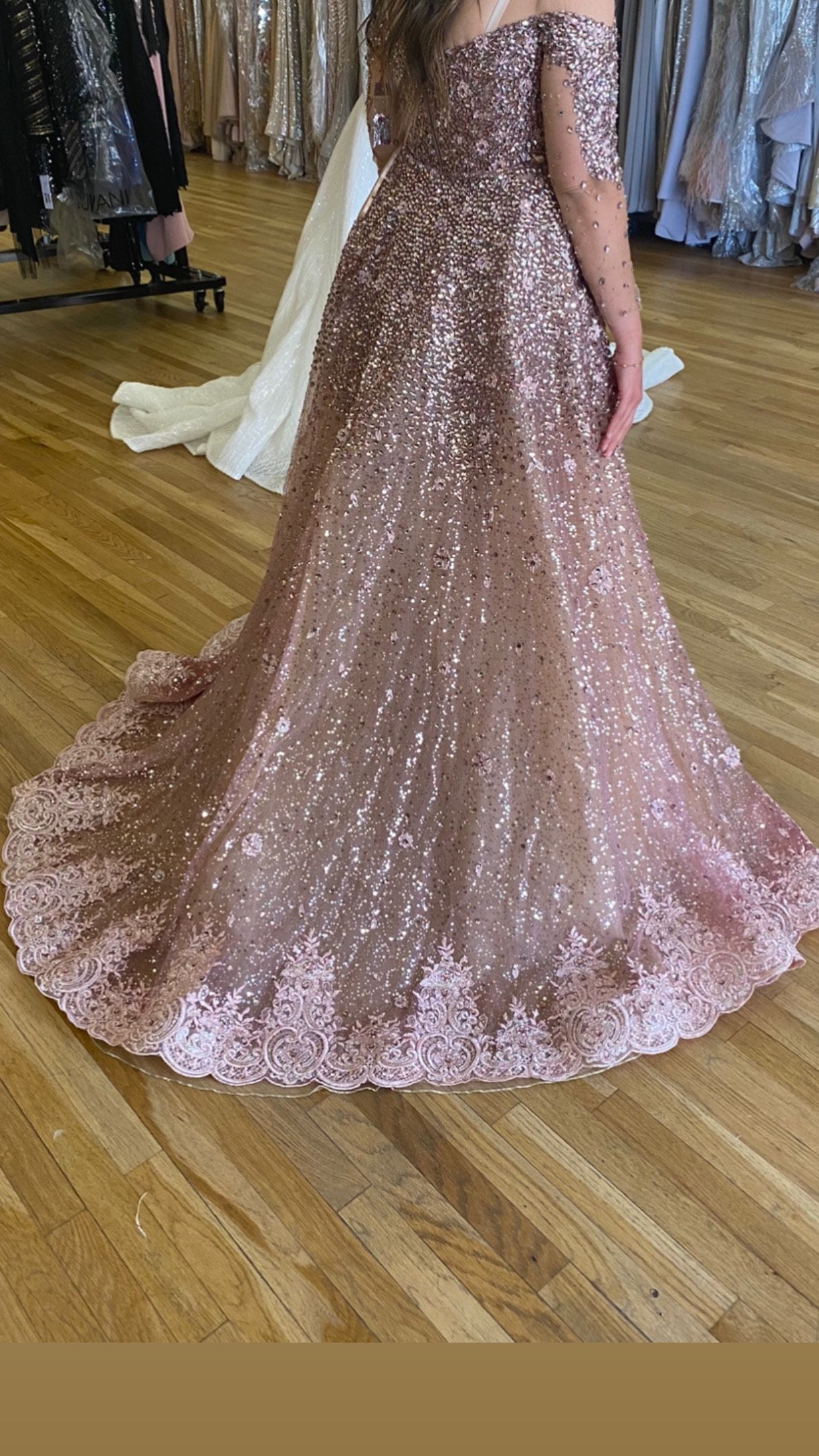 Size 10 Prom Off The Shoulder Sequined Pink Dress With Train on Queenly