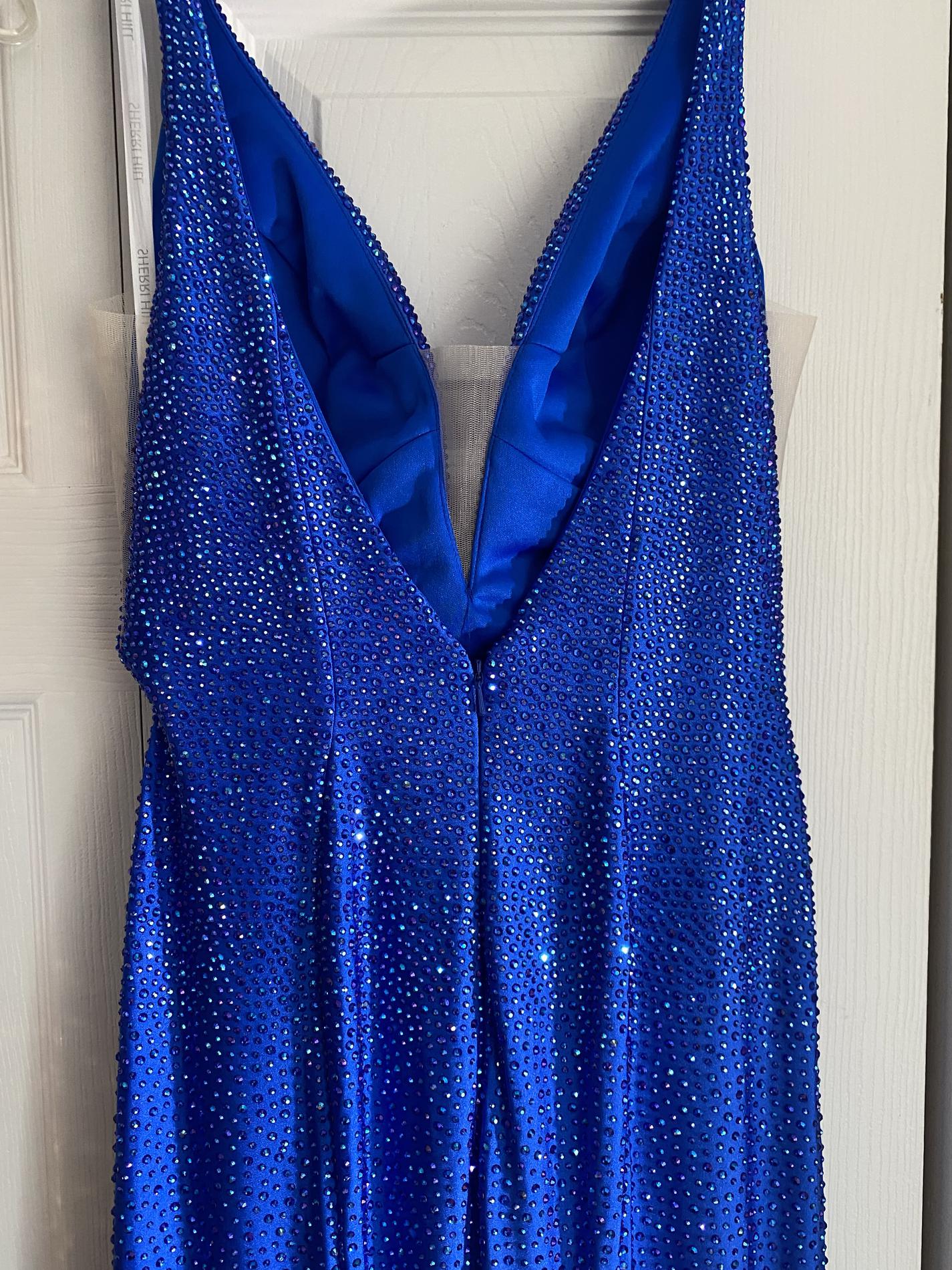 Sherri Hill Size 4 Prom Plunge Sequined Royal Blue Mermaid Dress on Queenly