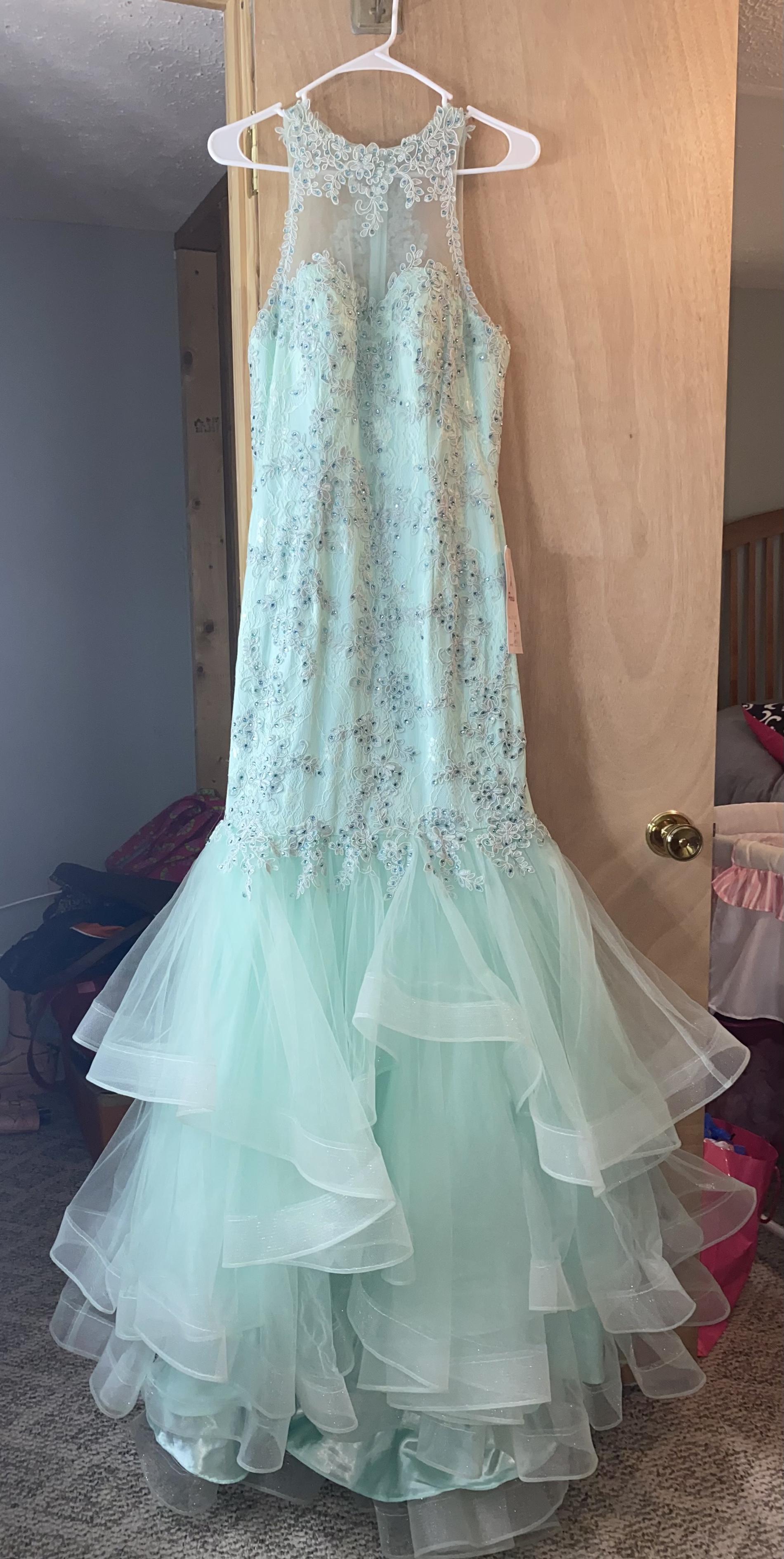 Paris Size 8 Pageant Lace Turquoise Blue Mermaid Dress on Queenly