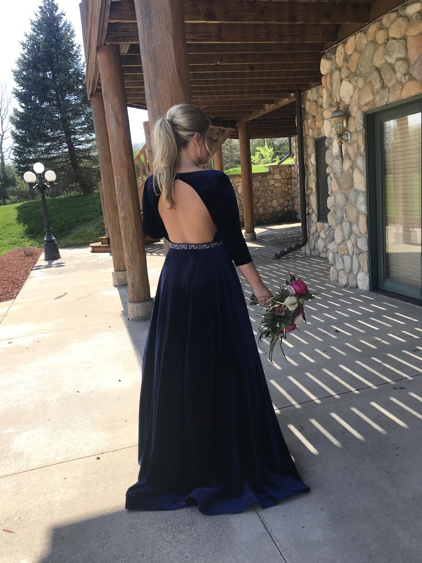 Jovani Size 8 Prom Plunge Velvet Navy Blue A-line Dress on Queenly