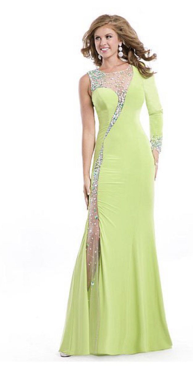 Style 6518 Party Time Formal Size 0 Prom Long Sleeve Sequined Lime Green Floor Length Maxi on Queenly