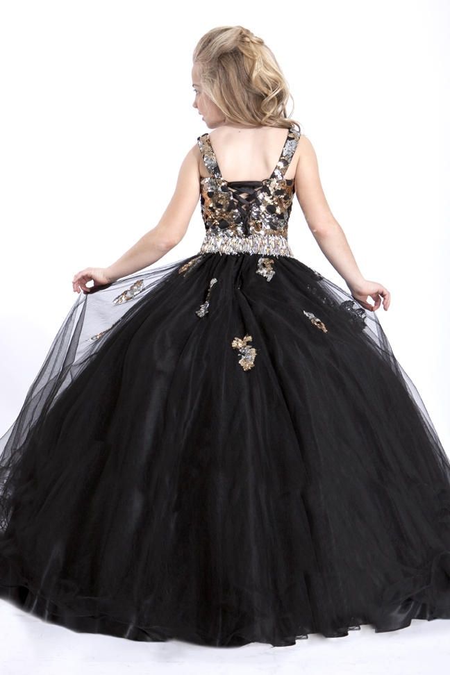 Style 1516 Rachel Allan Girls Size 8 Sequined Black Ball Gown on Queenly